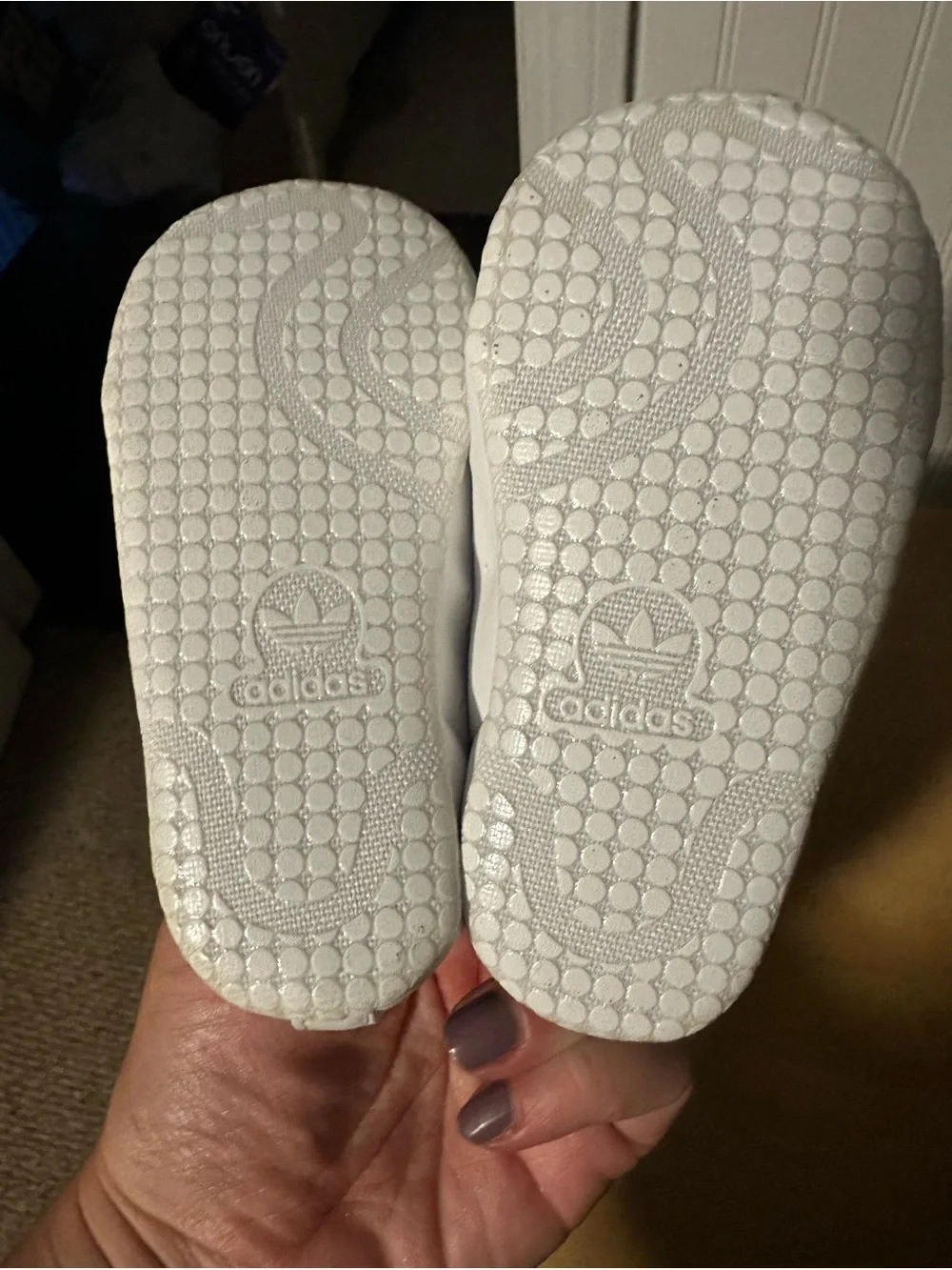 adidas infant White Leather Sneakers with Green Heel Tab